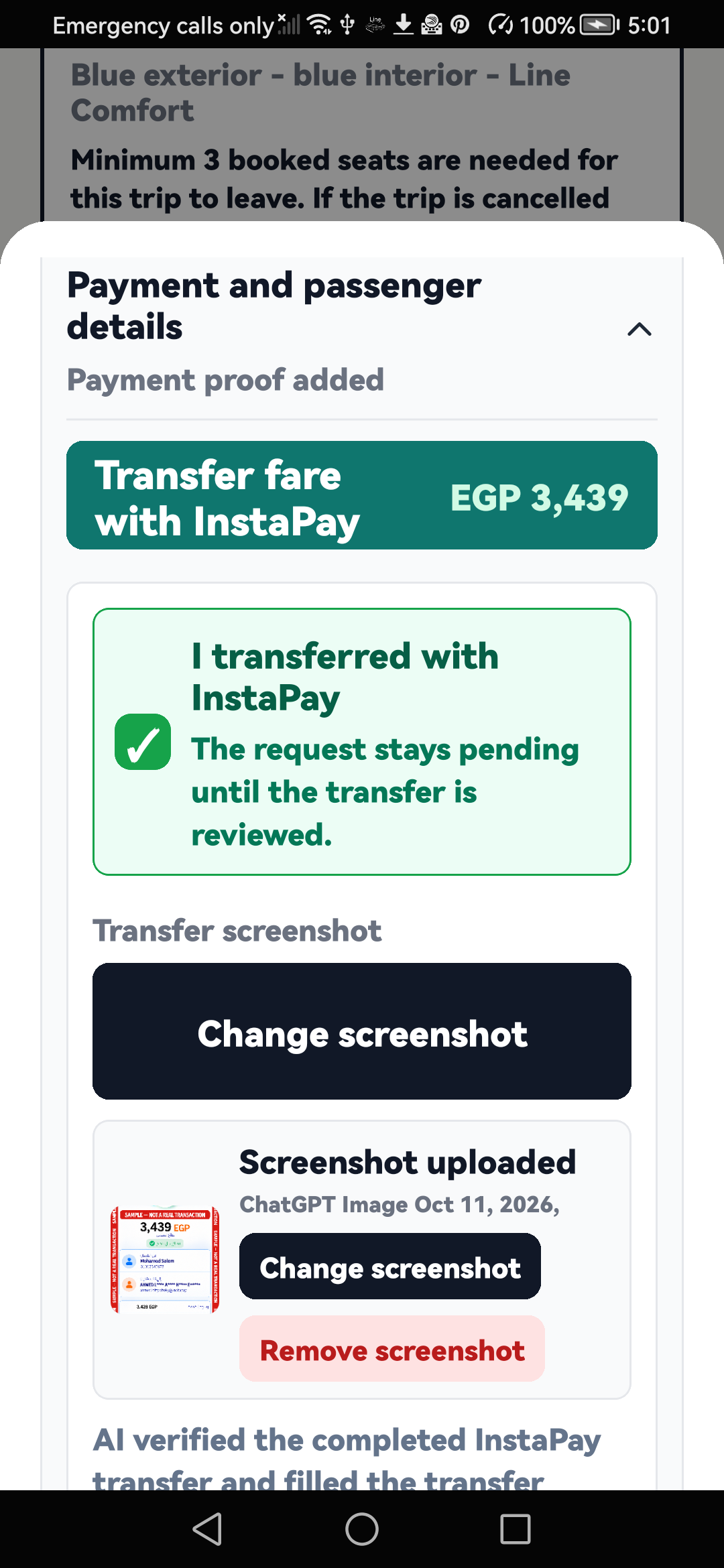 English booking screen showing the uploaded InstaPay payment proof
