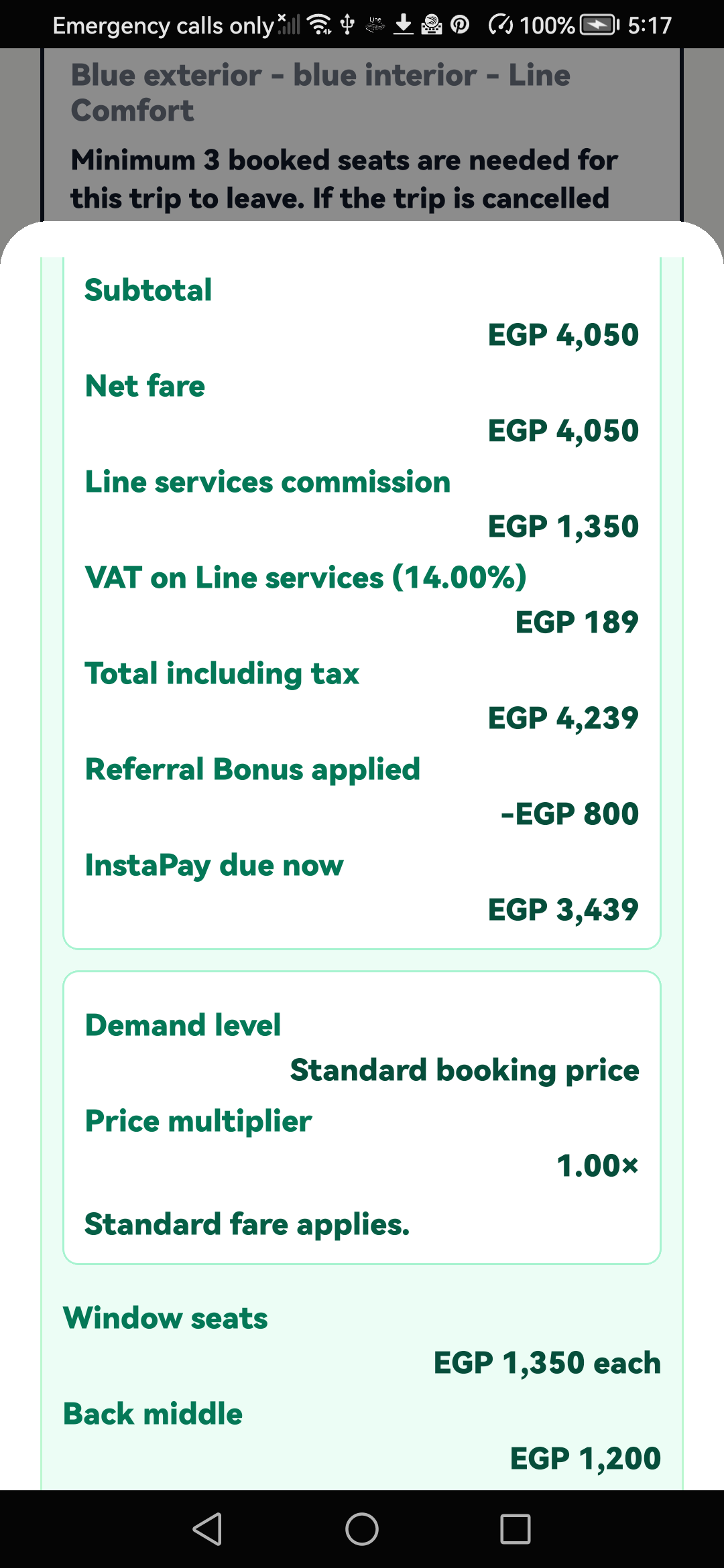 English booking screen showing the applied Referral Bonus and InstaPay remainder