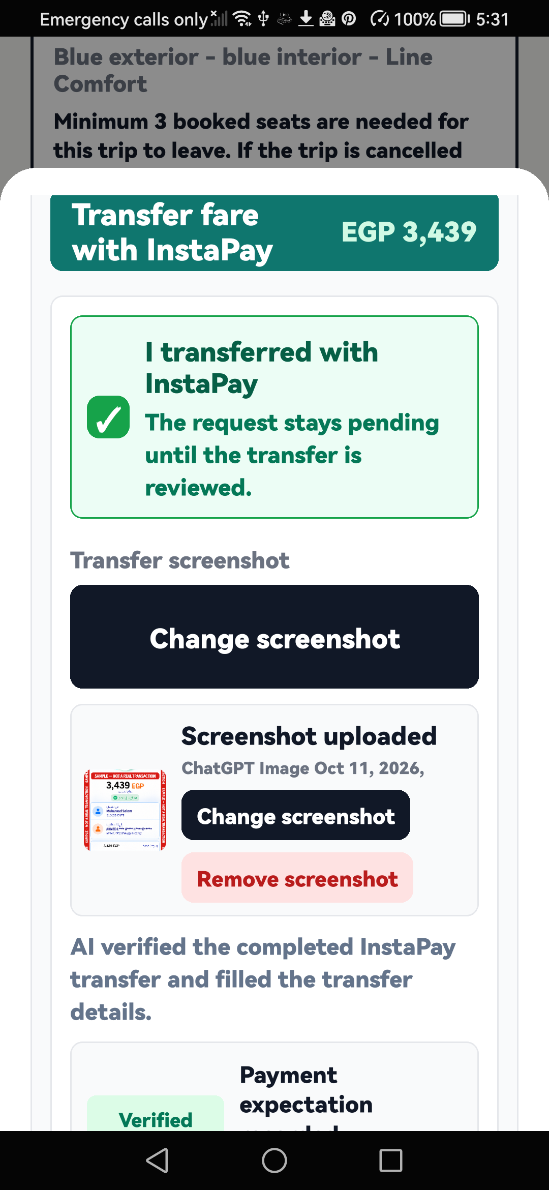English booking screen showing the InstaPay remainder and uploaded payment proof