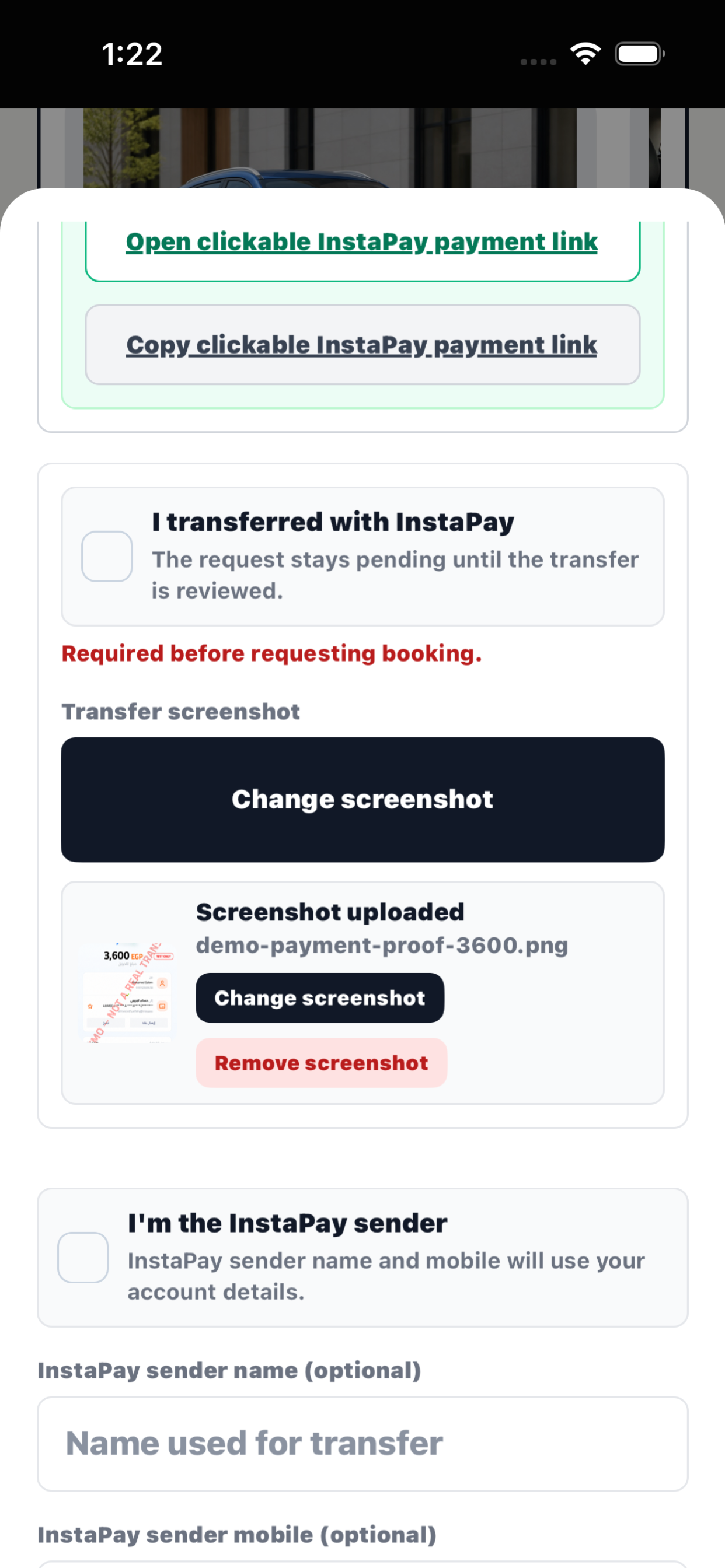InstaPay payment proof screen