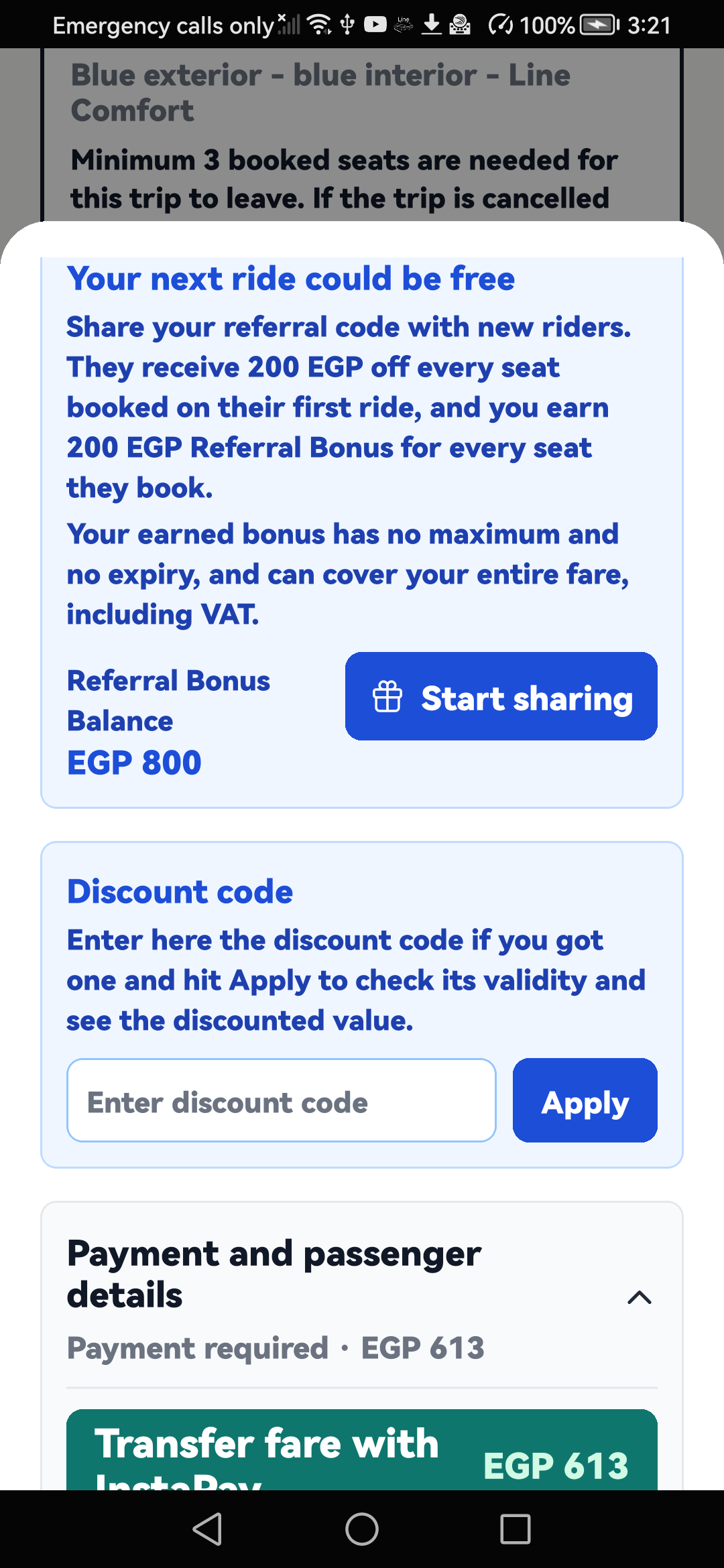 English booking screen showing the Referral Bonus balance available toward the fare