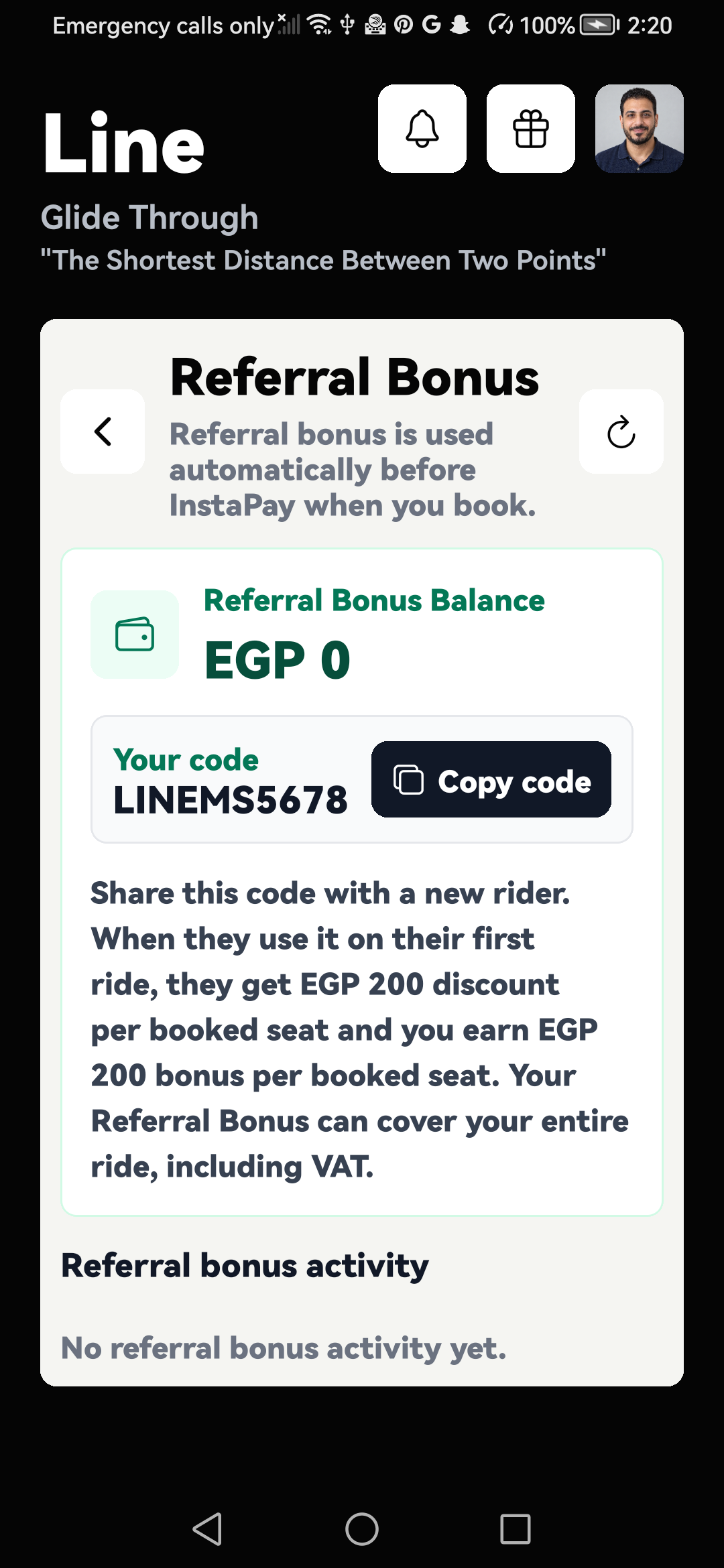 Referral Bonus screen showing the personal referral code