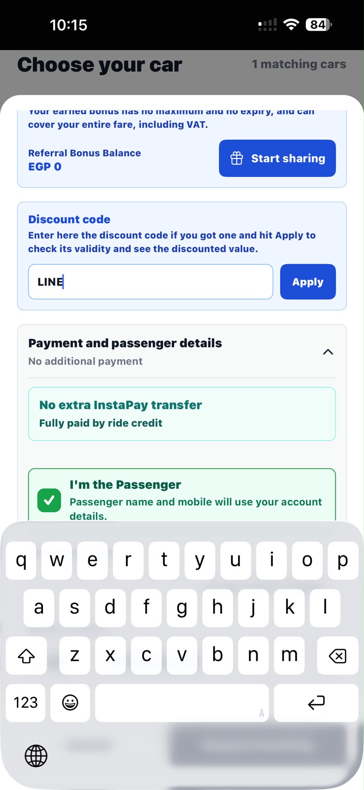 English booking screen showing the discount code and Referral Bonus balance