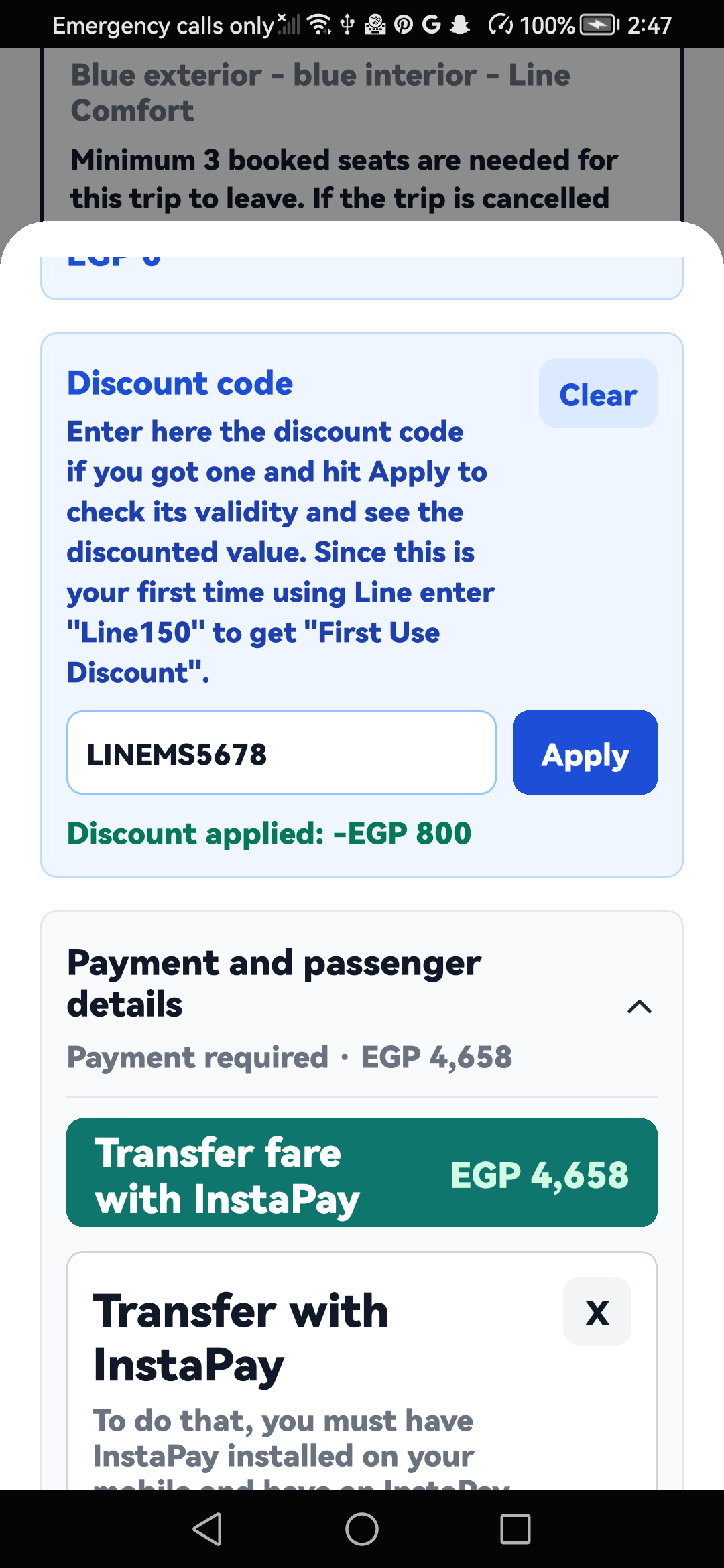 English booking screen showing the referral code and calculated discount applied