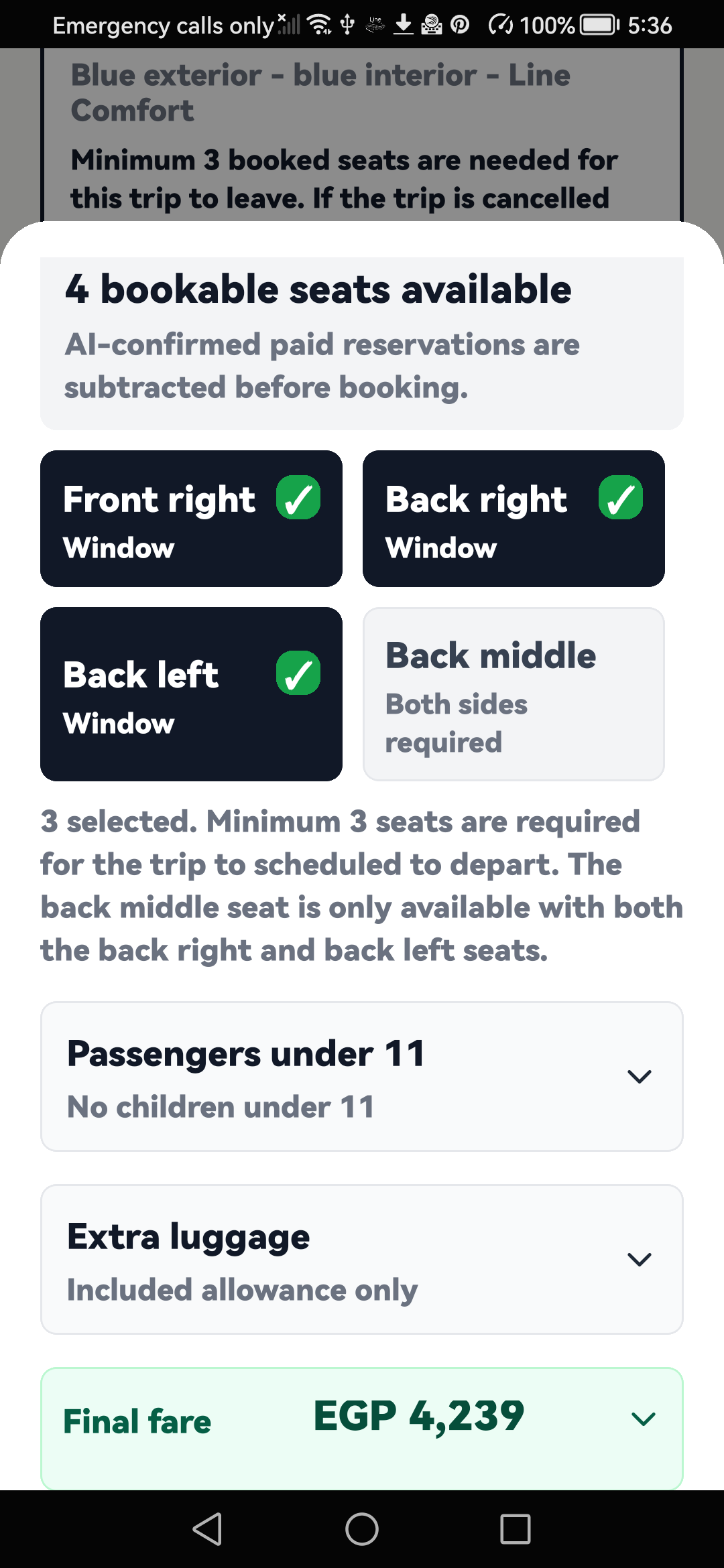 English booking screen showing the selected seats and final fare