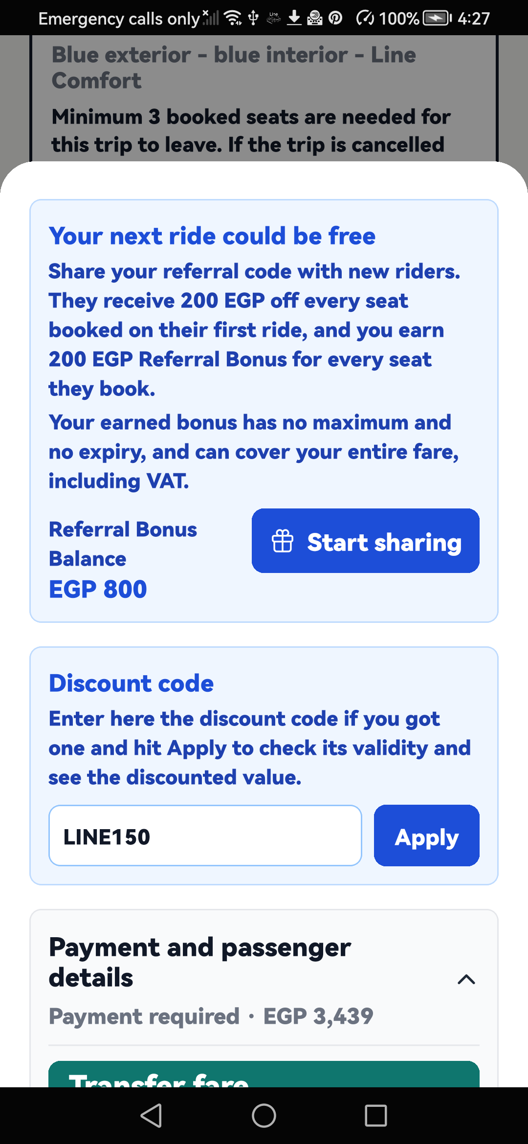 English booking screen showing Referral Bonus and a discount before paying the remainder